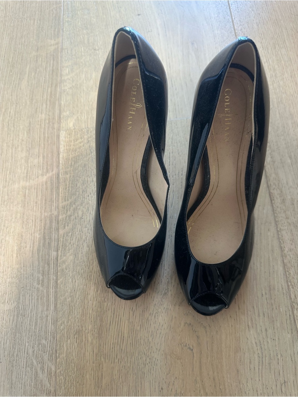 Cole Haan Black Patent Peep-Toe Heels